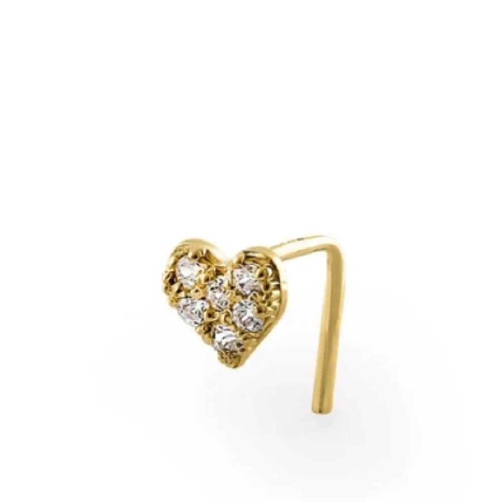Stamped 14K Solid Yellow Gold Heart CZ diamond Bling L-Hook Nose Stud